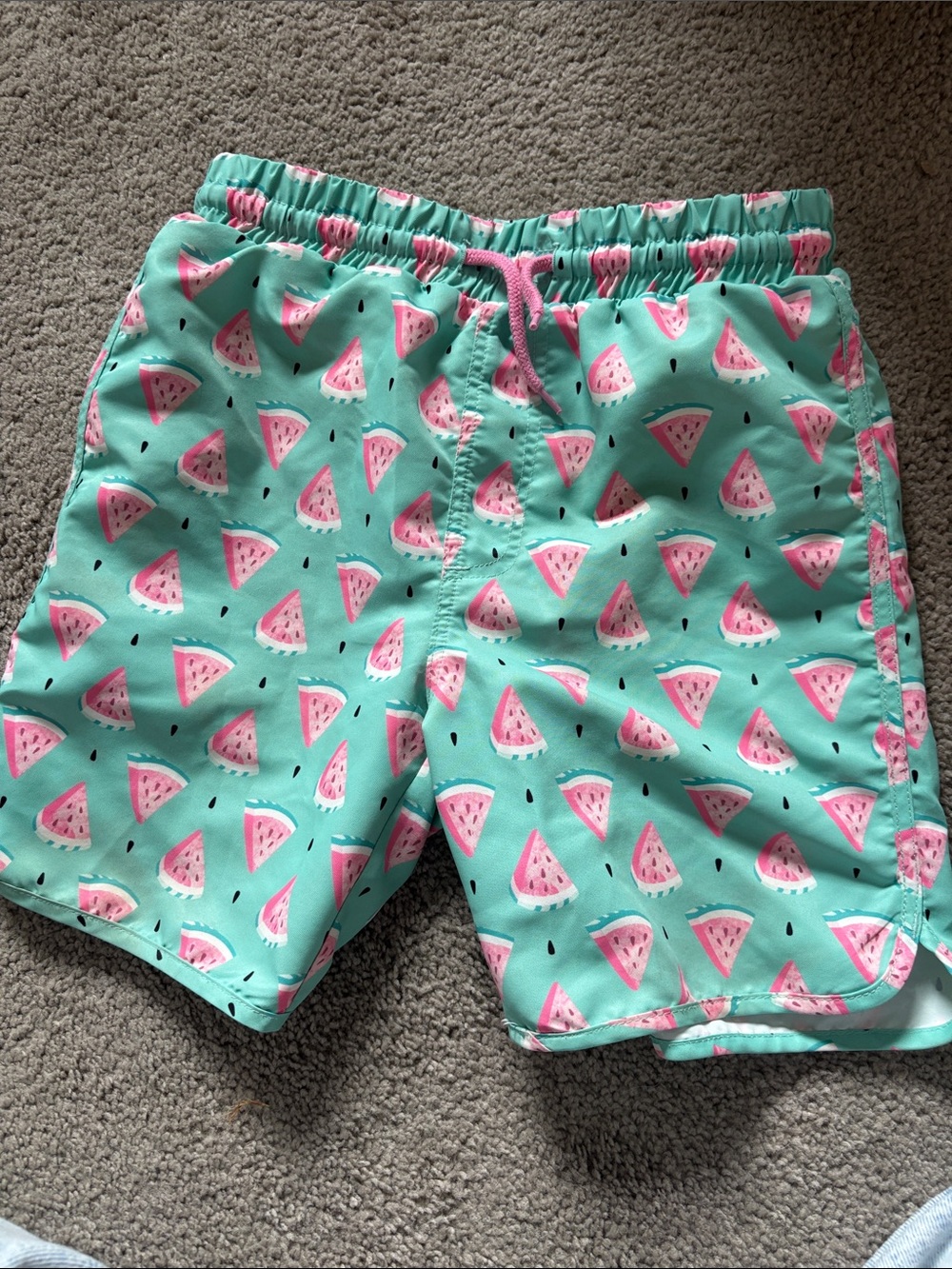Kids Mint Watermelon Print Swim Trunks with Pink Drawstring